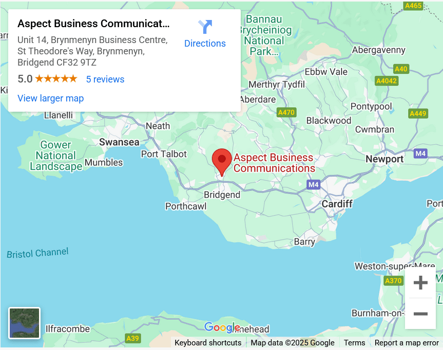 map of south wales showing Aspect Business Communications location